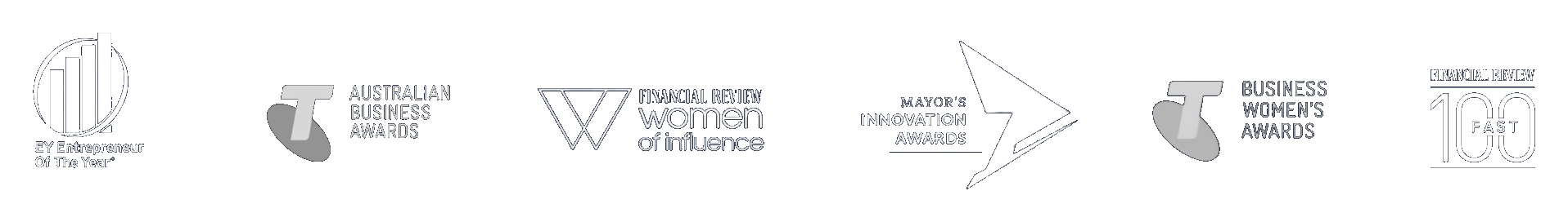 Award logos including EY Entrepreneur of the Year, Australian Business Awards, AFR Women of Influence, Mayor's Innovation Awards, Telstra Business Women's Awards and AFR Fast 100
